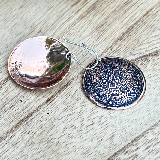 Mexico Aztec Mayan Copper Earrings 1.75”