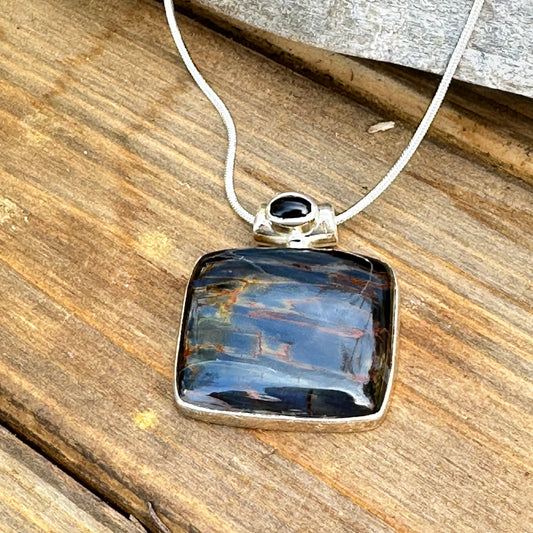 Pietersite With Onyx (1.3”) Sterling Silver Necklace (18")