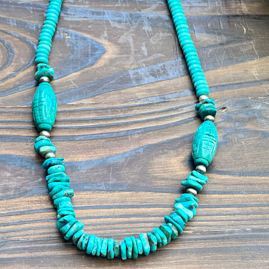 Carved Turquoise Navajo Pearl Statement Necklace (22"-24")