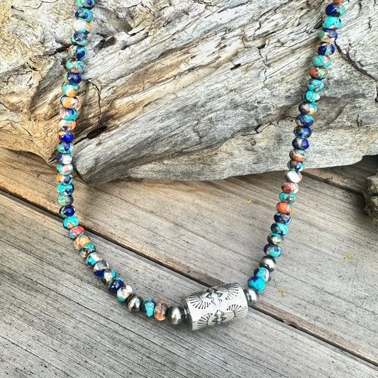 Turquoise Lapis Spiny Oyster Navajo Pearls Barrel Necklace (18”-20”)