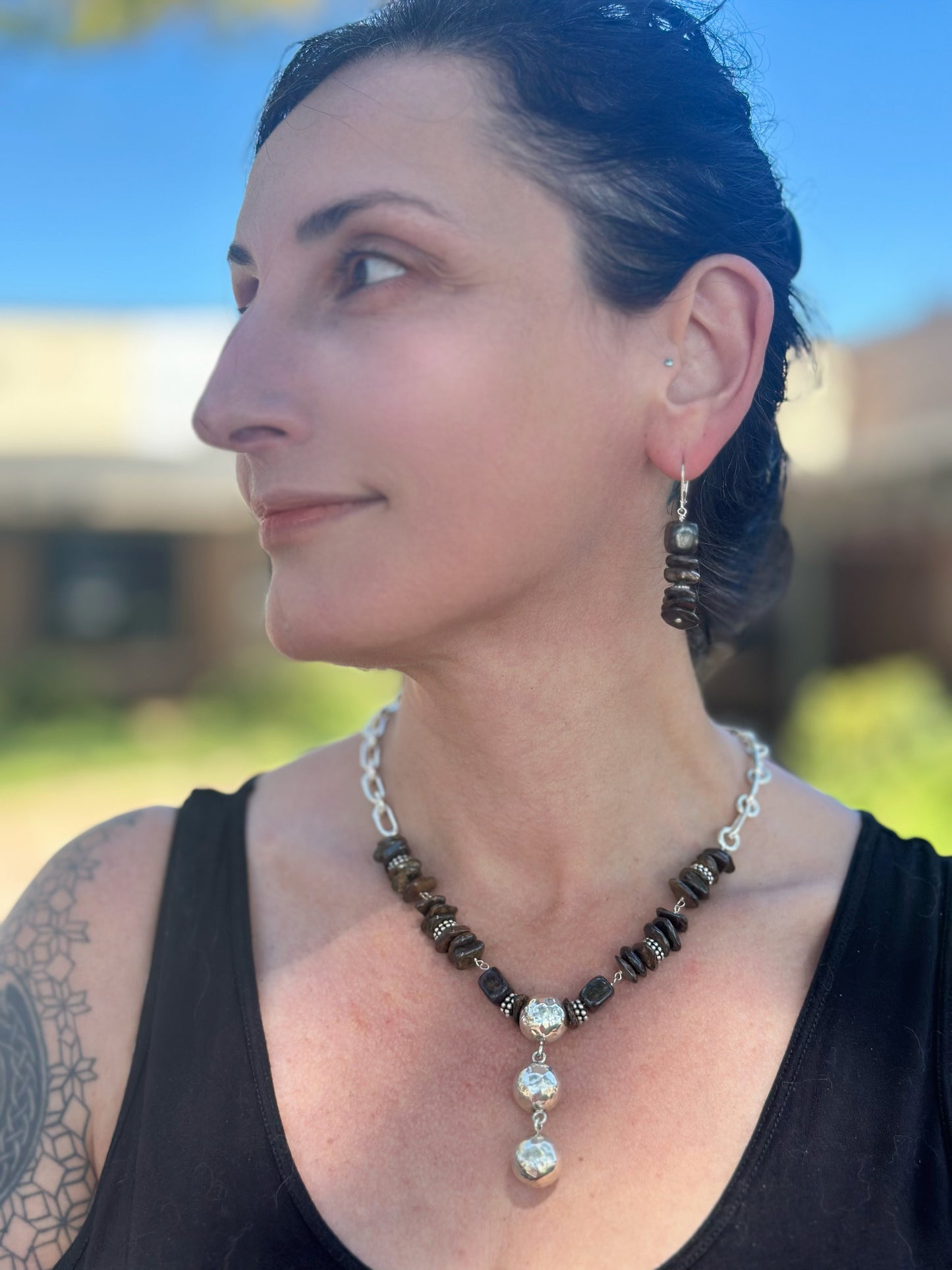 N0865 Bronzite Sterling Necklace (18”-20” + 2.3” drop)