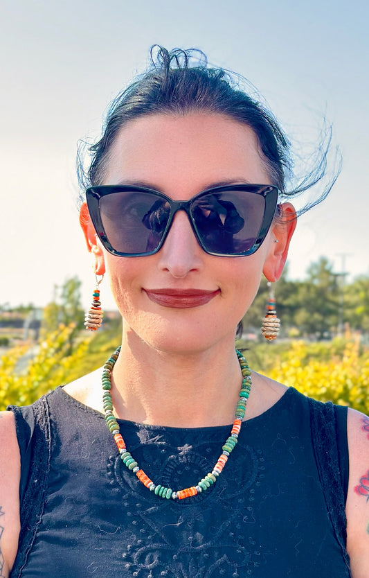 N0818 Navajo Pearl Turquoise Spiny Oyster Oxidized Necklace (18”-20”)