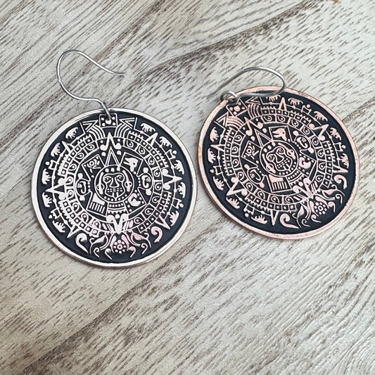 Mexico Aztec Mayan Copper Earrings 1.7”