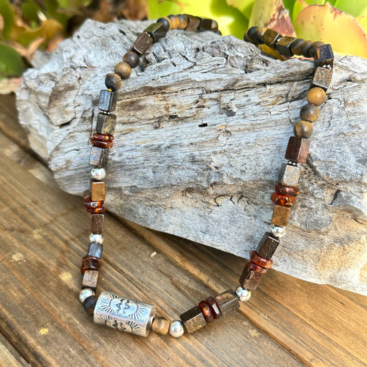 Bronzite Tiger Eye Amber Navajo Pearl Barrel Necklace (18"-20")