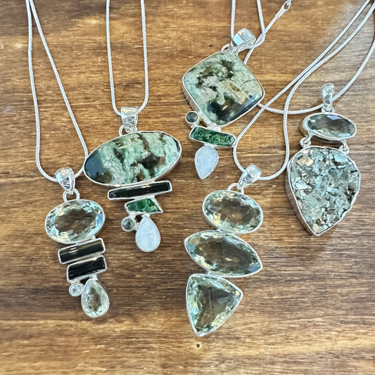 Green Amethyst Pyrite Pendant Necklace 2”