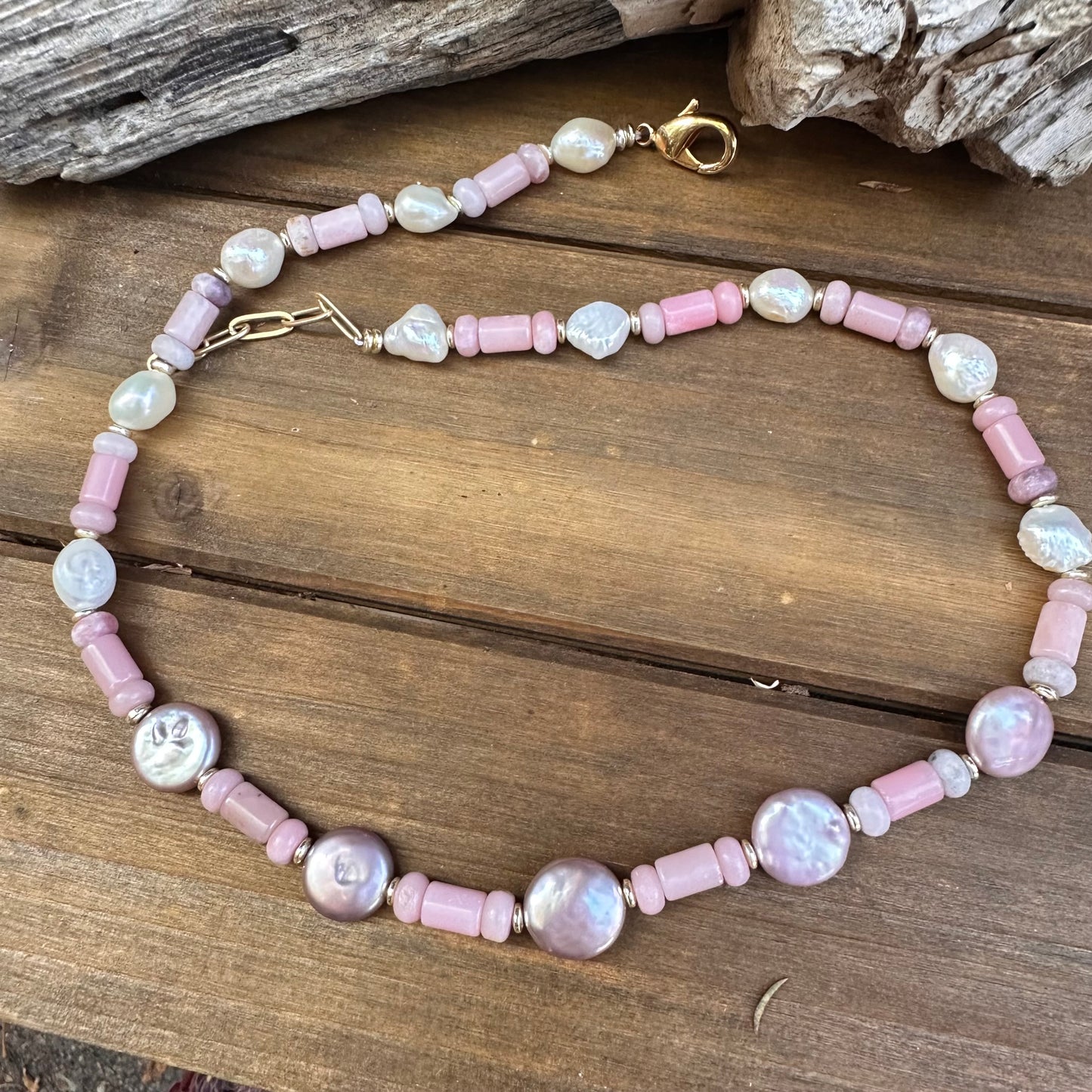 N0813 Pearl Rose Quartz Sterling Necklace (18”-20”)