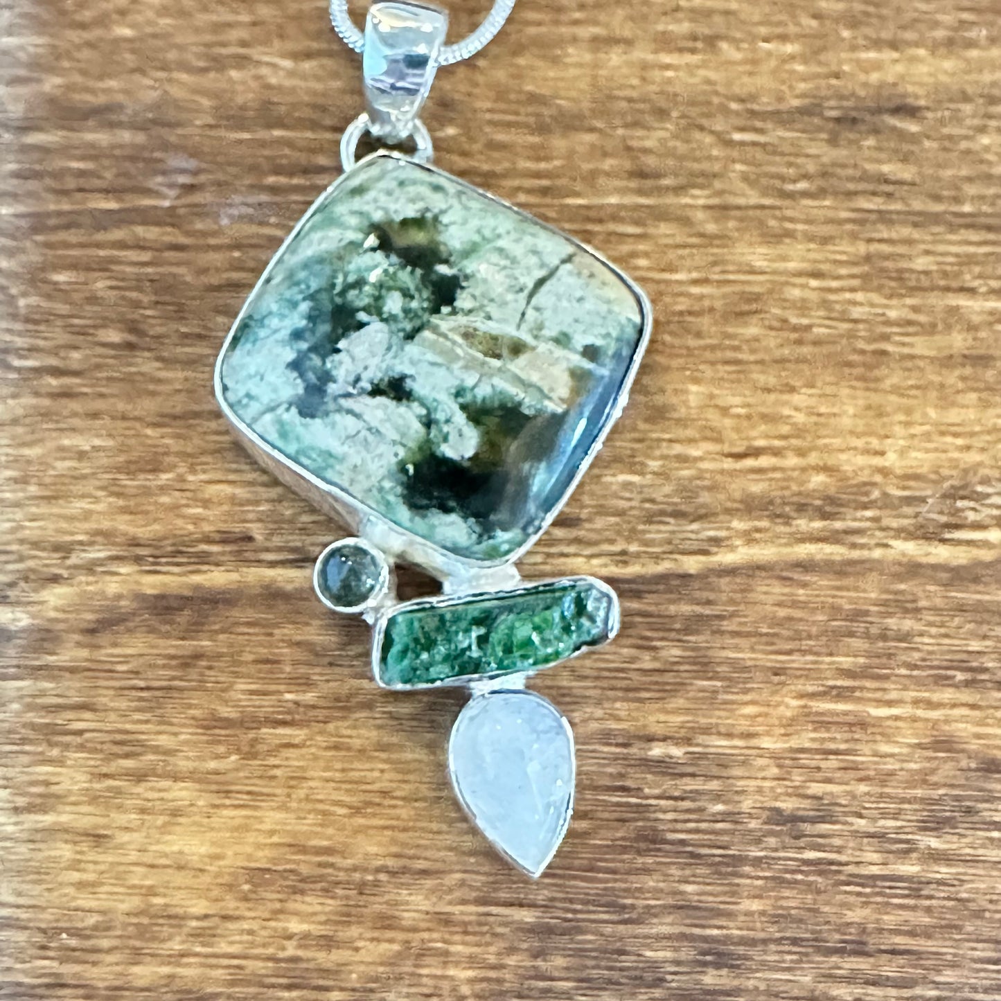 Green Amethyst Variscite Moonstone Kyanite Pendant Necklace 2”