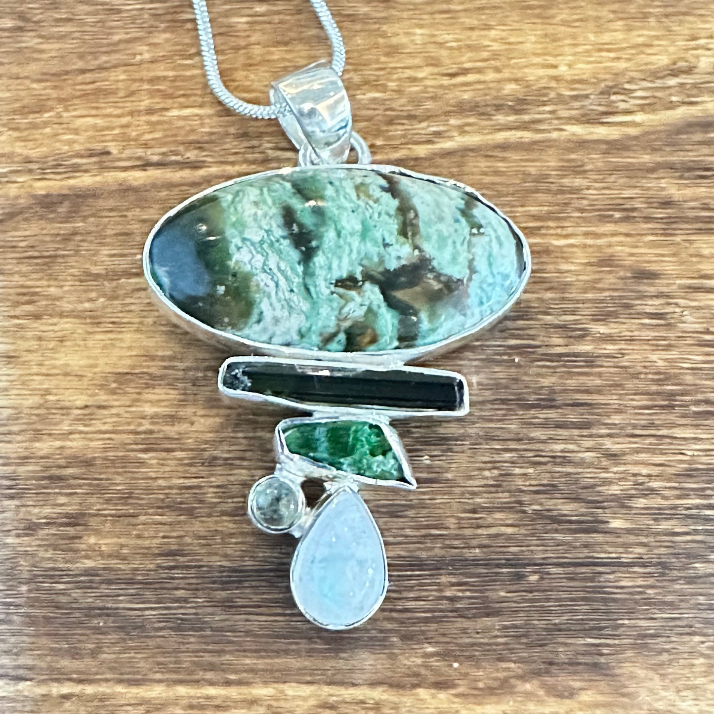 Green Amethyst Variscite Moonstone Kyanite Pendant Necklace 2”