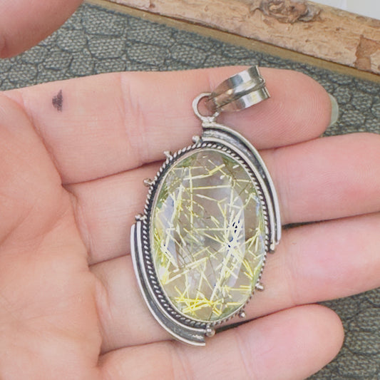 Sale - 2.25" Rutilated Quartz Sterling Silver Pendant Necklace (18")