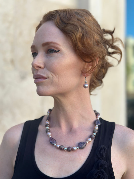 N0906 Pearl Lepidolite Necklace 18”-20”