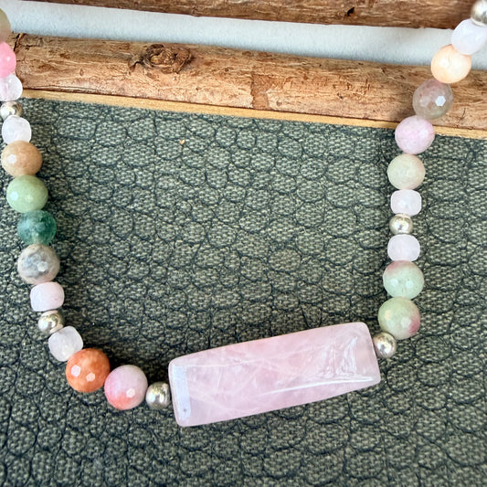 Sale - 18"-20" Rose Quartz Lithia Tourmaline Sterling Silver Necklace