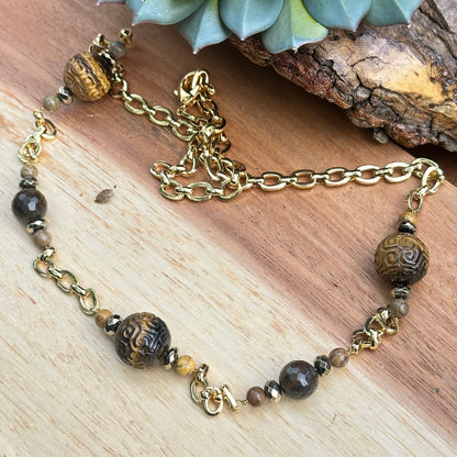 Gold Carved Tiger Eye Necklace 26”