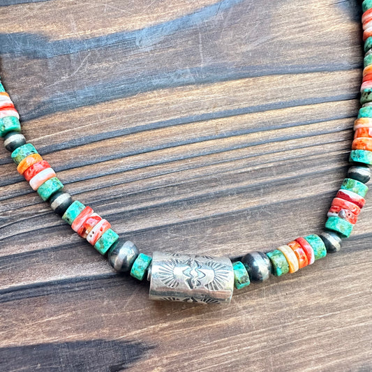 Navajo Pearls Turquoise Spiny Oyster Barrel Necklace (18”-20”)