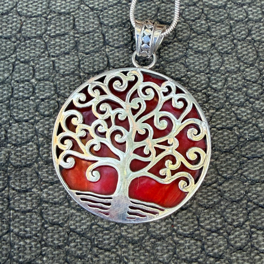Sale - 1.6" Coral  Sterling Silver Pendant on 18" Sterling Silver Chain (Reversible)
