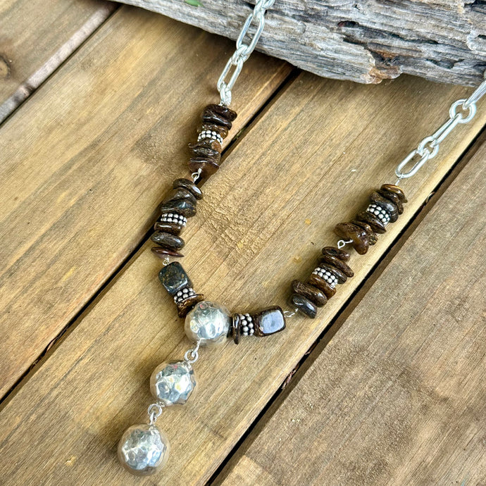 N0865  Bronzite Sterling Necklace (18”-20” + 2.3” drop)