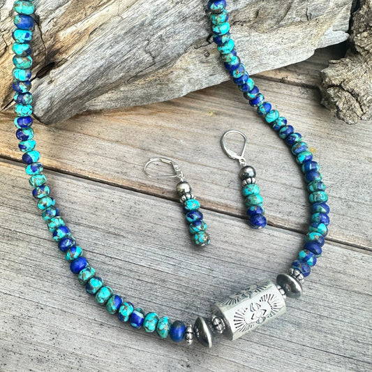 Turquoise Lapis Navajo Pearls Barrel Necklace (18”-20”)