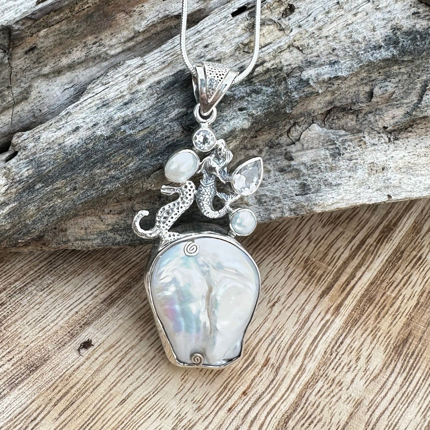 Mermaid Seahorse Baroque Pearls 2.5” Necklace