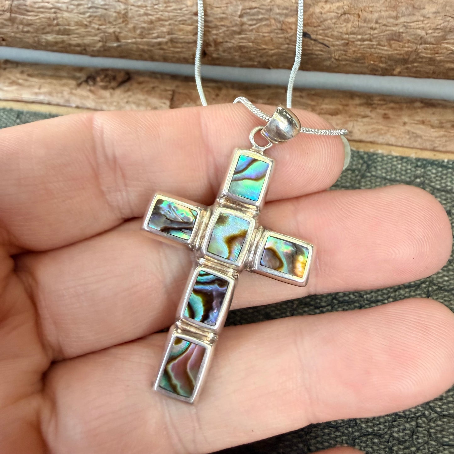 Sale - 1.9"  Abalone Sterling Silver Cross Pendant on 18" Sterling Silver Chain