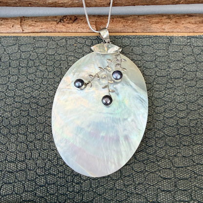 Sale - 4" Mother of Pearl Sterling Silver Pendant on 18" Sterling Silver Chain