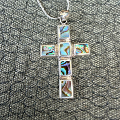 Sale - 1.9"  Abalone Sterling Silver Cross Pendant on 18" Sterling Silver Chain