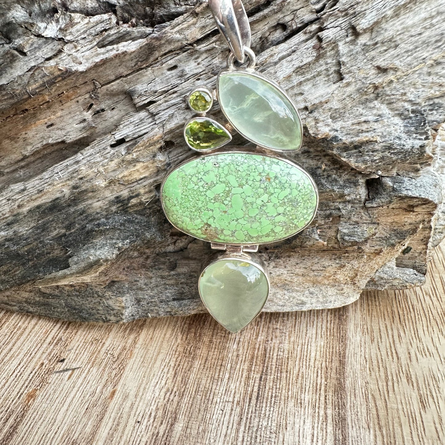 Gaspeite, Chalcedony Peridot Pendant 3” Necklace (18")