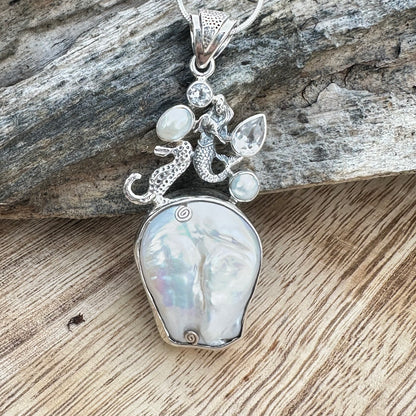 Mermaid Seahorse Baroque Pearls 2.5” Necklace