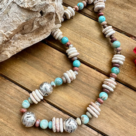 N0857  Turquoise Pearl Sterling Necklace (20”-22”)