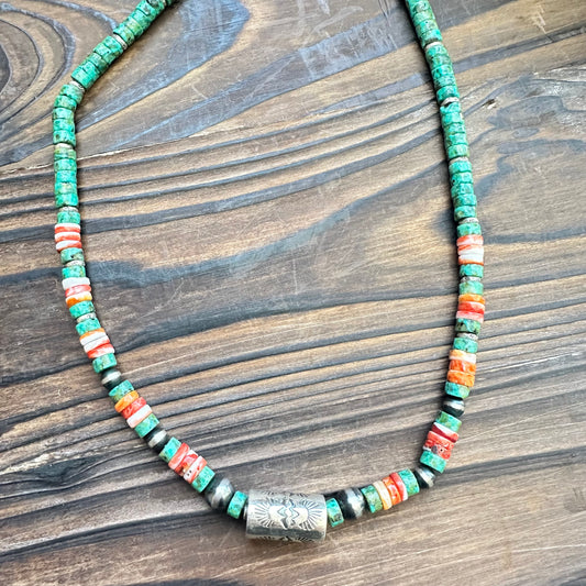 Navajo Pearls Turquoise Spiny Oyster Barrel Necklace (18”-20”)