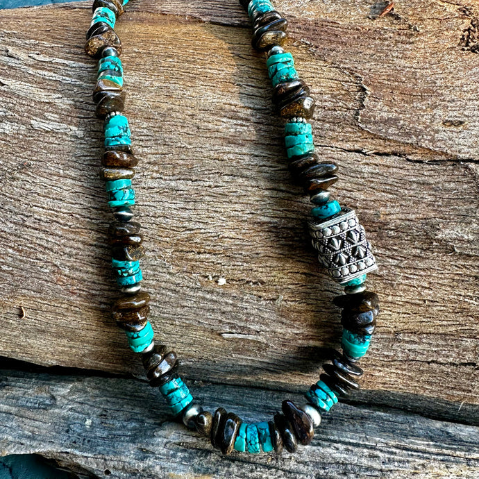 N0882   Turquoise Bronzite Navajo Pearls Necklace (18”-20”)