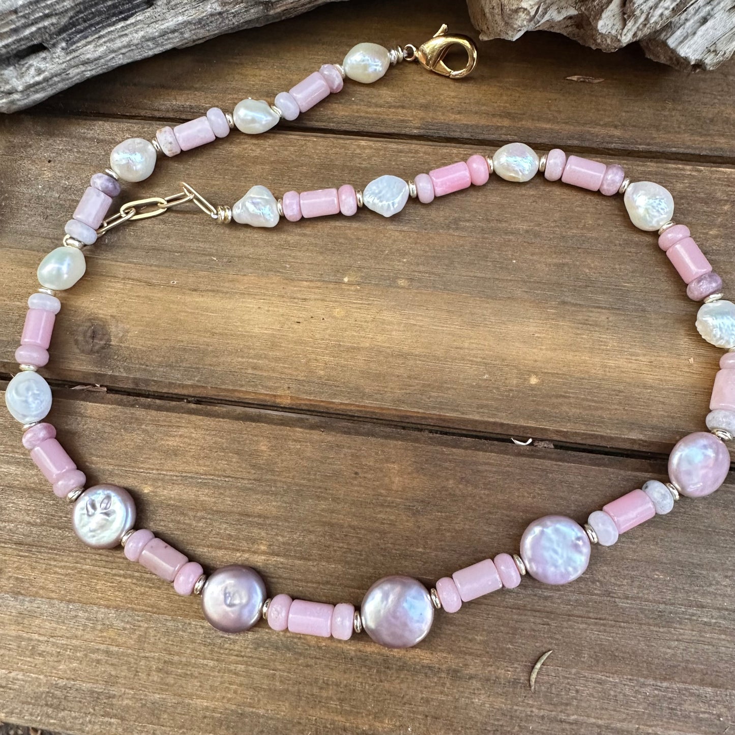 N0813 Pearl Rose Quartz Sterling Necklace (18”-20”)
