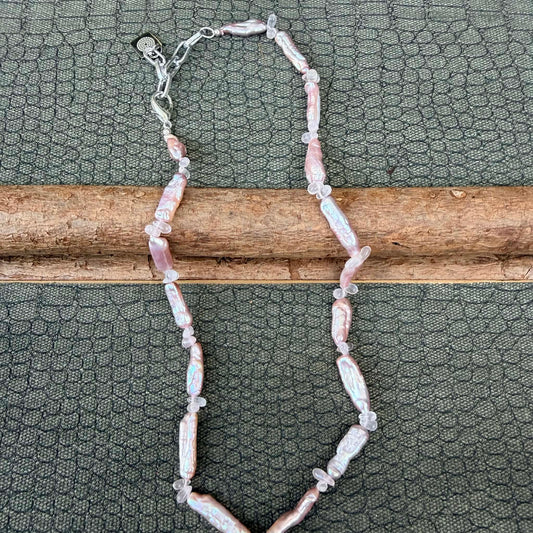 Sale - 18"-20"  Rose Quartz Pearl Sterling Silver Necklace