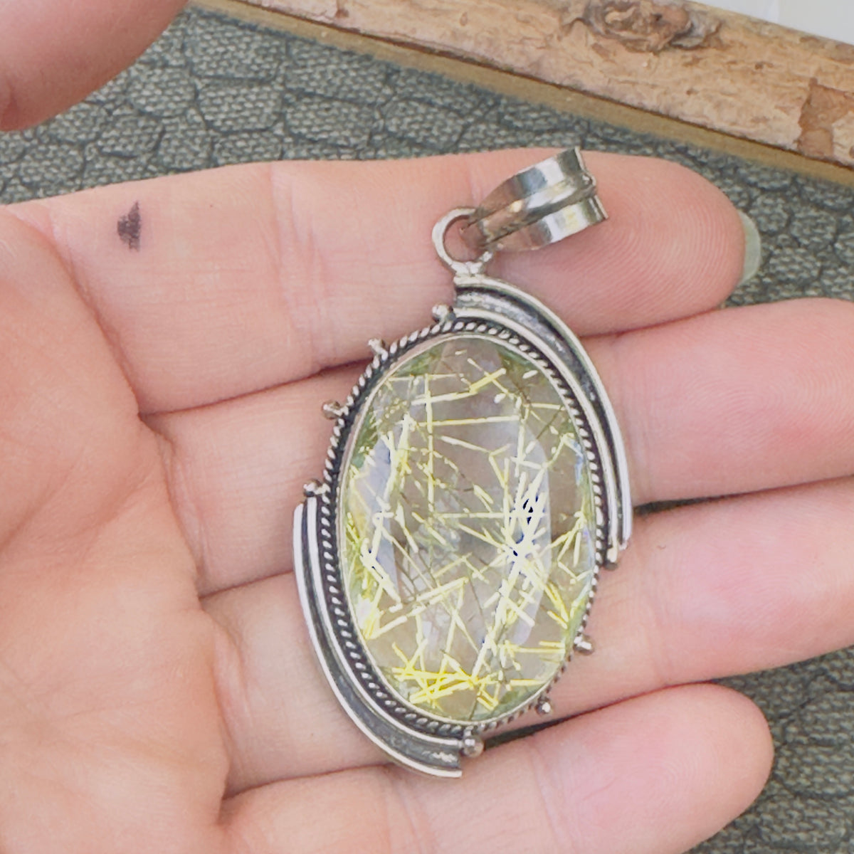 Sale -  2.25"  Rutilated Quartz Sterling Silver Pendant Necklace (18")