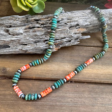 Load image into Gallery viewer, N0818   Navajo Pearl Turquoise Spiny Oyster Oxidized Necklace (18”-20”)
