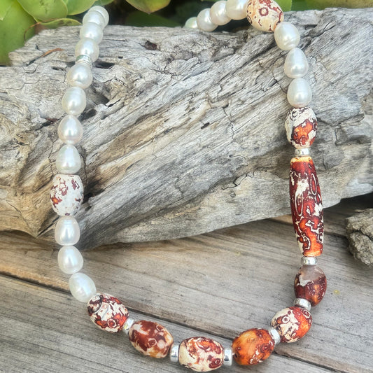 Tibetan Agate Pearl Necklace (18”-20”)