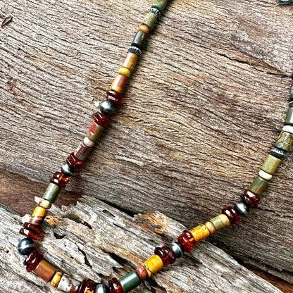N0886  Amber Jasper Navajo Pearls Necklace (18”-20”)