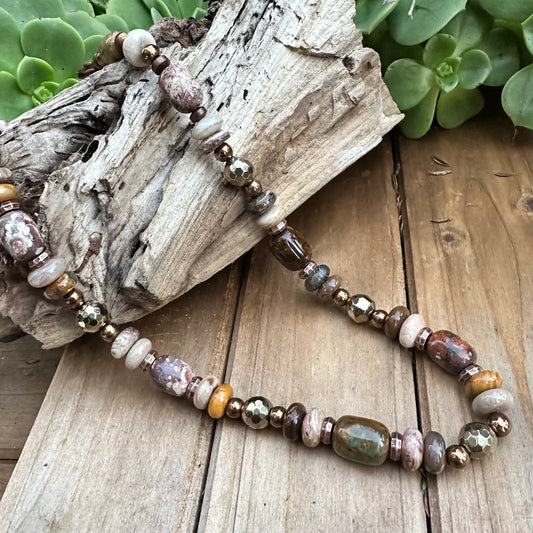 N0632  Dendrite Jasper Copper Hematite Stone Necklace (18”-20”)